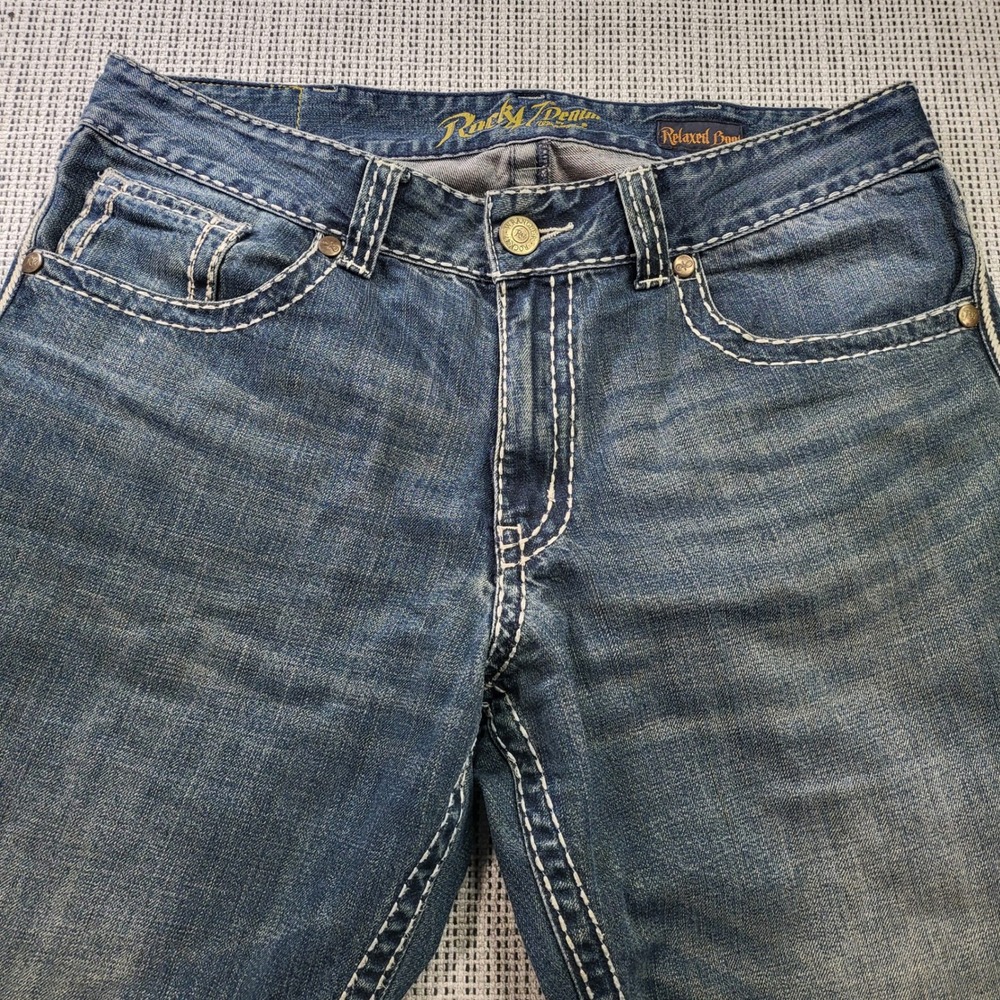 Wrangler Rock 47 Jeans Mens 36x34 Blue Relaxed Bootcut Thick Stitch MRR47VB